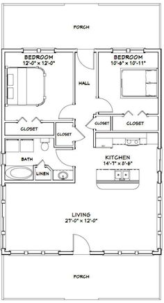 the floor plan for a two bedroom, one bath apartment with an attached kitchen and living room