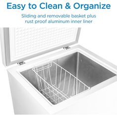 a white chest freezer with the words easy to clean & organize sitting and removing basket plus rust proof aluminum inner liner