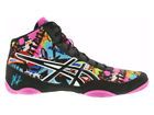 the asics basketball shoe is decorated with multicolored paint and black laces