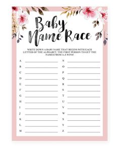 the baby name race game is shown in pink and white with floral accents on it