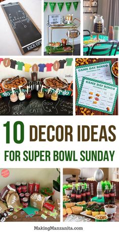 the top ten decor ideas for this super bowl sunday are football decorations, snacks, and desserts