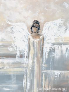 an angel with white wings standing in front of water