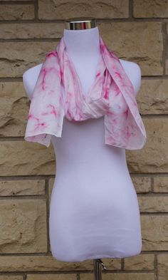 "Product information: Designer - Mary Jane Davidson Material- 100 % natural 8mm Habotai silk Color - any color choice Size - 8\"x72\" slight shrinkage may occur from steaming Package - Envelope or gift package This scarf is unique and it is a true piece of wearable art, no one else is going to have the same scarf like you! Made of soft silk fabric with hand rolled edges, hand painted and designed by me Mary Jane Davidson. The dyes are steam fixed to silk fibres for permanence making the scarf ha Pink Hand-dyed Scarf, Handmade Pink Silk Scarf, Pink Scarf As Summer Gift, Pink Scarves For Summer Gifts, Elegant Handmade Pink Silk Scarf, Handmade Pink Silk Scarves, Pink Silk Scarf For Summer Gift, Handmade White Silk Scarves, Pink Silk Scarf