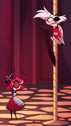 an animated cartoon character standing next to a pole