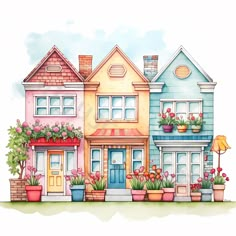 a watercolor drawing of some houses with flowers on the windows and plants in pots