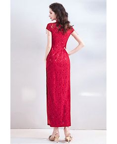 Buy Special Chinese Cheongsam Style Lace Wedding Party Dress Tight Fitted at wholesale price online. Free shipping and pro custom service since 2009. Elegant Stretch Gown For Banquet, Red Long Dresses For Banquet, Long Fitted Party Dresses, Fitted Lace Ao Dai For Ceremony, Stretch Gown For Banquet, Fitted Lace Dress For Party Season, Lace Stretch Wedding Dress, Elegant Long Cheongsam For Festive Occasions, Elegant Long Festive Cheongsam