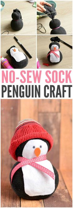 the instructions for how to sew a penguin craft are shown in three different pictures