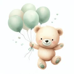 a brown teddy bear flying through the air with green and white balloons attached to it