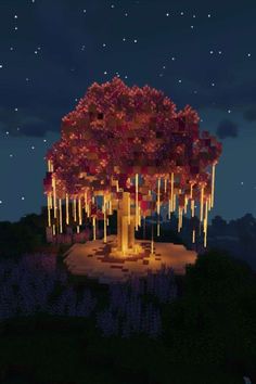 an illuminated tree in the middle of a night time scene with purple flowers and stars