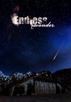 an image of the word endless surrounded by stars in the night sky above a shack