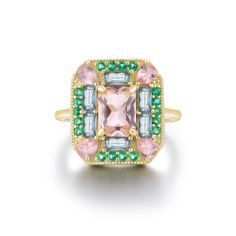 Lab-Grown Emerald Morganite Art Deco Cocktail Ring – Vivian Grace Luxury Diamond Ring With Rectangular Gemstone, Luxury Rings With Rectangular Gemstone Accents, Gemstone Emerald Cut Ring, Luxury Art Deco Rectangular Rings, Luxury Multicolor Emerald Cut Rings, Luxury Vintage Gemstone Rings, Gemstone Cut Ring, Rectangle Cocktail Ring, Art Deco Cocktail