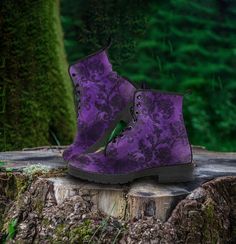 Purple Victorian Pattern Vegan Leather Custom Boots, Gothic Gifts for Girlfriend Casual Shoes *All of our Men's and Women's Faux Leather Boots are custom-made-to-order and handcrafted to the highest quality standards. Our unique designs are second to none. When is the last time you walked into a shoe store and found affordable boots in so many different, phenomenal designs. When you're wearing these boots the complements won't stop. Our boots complement your personality... find the design that s Doc Martens Boots Cavender's, Purple Sole Black Boots, Luxury Fitted Purple Boots, Purple Heel Lug Boots, Purple Patent Leather Boots, Purple Leather Foldover Boots, Luxury Purple Boots With Round Toe, Purple Quince Boots, Fairy Shoes Purple