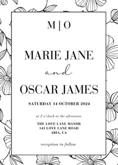 a black and white wedding card with flowers