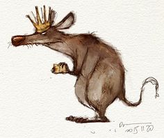 a drawing of a rat with a crown on it's head holding something in its paws