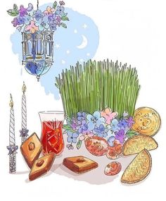 an illustration of a table with bread, flowers and candles in the background on a white surface