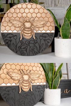 two plates with bees on them next to a potted plant