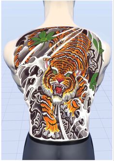 the back of a man's shirt with an image of a tiger on it