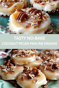 coconut pecan pralie dreams are made with tasty no - bake cookies