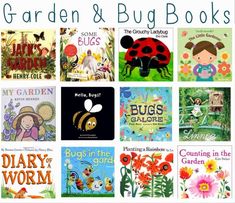 children's books about garden and bug books are featured in this postcard set