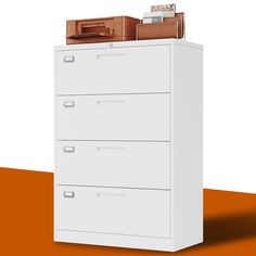 a white filing cabinet with three drawers and file folders on top of it, against an orange background