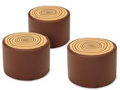 three brown wooden stools sitting next to each other