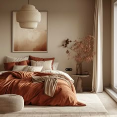 a bed with an orange comforter and pillows in a room next to a window