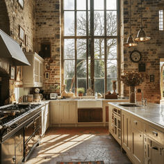 a kitchen with brick walls and large windows