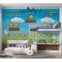 a bedroom with a bunk bed and wall mural