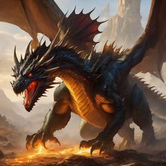 a dragon with large wings is in the middle of a rocky area and has its mouth open