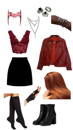 a woman's outfit and accessories including boots, bra top, belted jacket, stockings