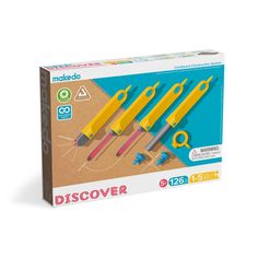 the box has four different colored scissors and pencils in it, one is yellow