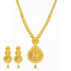 Our 22K Yellow Gold Long Filigree Necklace Set has an intricate design and style that can compliment multiple looks. The detailed filigree work and beading along the 22k Indian gold necklace and earrings add a luxurious look and feel. Features• 22k yellow gold• Filigree• Beading Virani Jewelers bridal jewelry made from 22k gold brings together the beauty and significance of Indian culture and traditions. Find more beautiful 22k gold Indian bridal jewelry like this beaded gold jewelry set on our Luxury Yellow Gold Bridal Necklace For Reception, Luxury Heavy Yellow Gold Jewelry Sets, Luxury Yellow Gold Filigree Bridal Necklace, Cheap Hallmarked Yellow Gold Jewelry, Luxury 22k Gold Necklace With Intricate Design, Luxury Yellow Gold Jewelry Sets For Diwali, Luxury 22k Gold Bollywood Necklace, Luxury Gold Plated Jewelry For Puja, Luxury 22k Yellow Gold Necklace