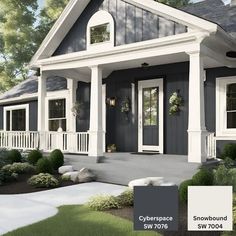 a house with gray siding and white trim on the front door, windows, and porch