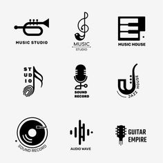 the logos for various musical instruments and sound equipment are shown in this set, which includes music