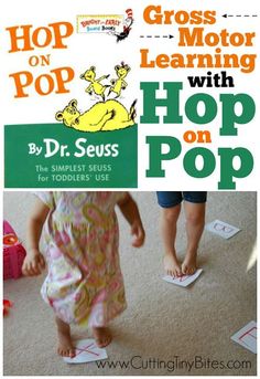 two children standing in front of a book with the title, hop on pop gross motor learning