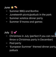 a black background with text that reads, summer bbq and bonfire juneteen picnic / potluck in the park - summer solstic dinner party - mores and games