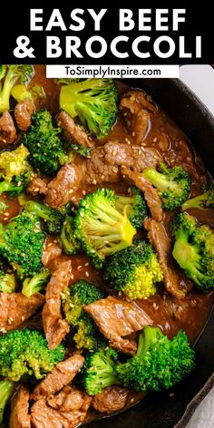 beef and broccoli stir frying in a skillet with text overlay