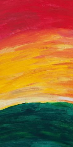 an abstract painting with red, yellow and green colors in the sky over a hill