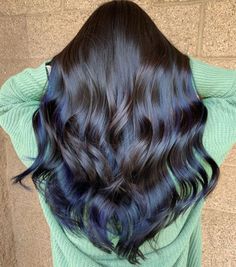 Peak A Boo Hair, Blue Peekaboo Highlights, Purple Peekaboo Highlights, Purple Peekaboo Hair, Boo Ideas, Purple Highlights Brown Hair, Blue Brown Hair, Purple Brown Hair, Dark Pink Hair