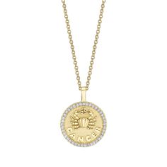 18k gold CANCER zodiac coin pendant with diamond frame.  .48cts diamonds  20 inch chain with loops at 18 and 16 inch.  *Custom engraving available please email info@anitako for more information.  #AKZC-CAN