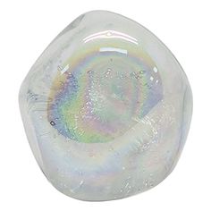 a clear glass object with a rainbow inside it on a white background, there is no image in the top right corner