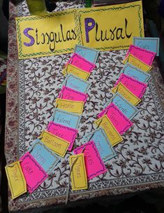 a table topped with lots of yellow and pink paper cut out to spell the word singulars