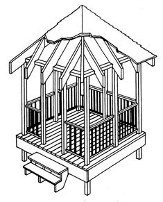 a drawing of a wooden play structure with a gazebo on the top and bottom floor