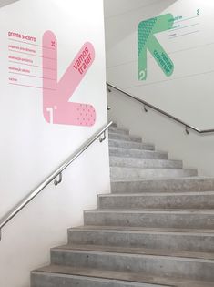 there is a sign on the wall next to some stairs that are painted pink and green