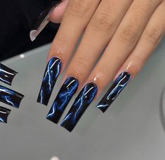 Red Black And Blue Nails, Goth Nails Blue, Long Dark Blue Nails, Nail Inspo Dark Blue, Dark Blue And Black Nails, Nails Black And Blue, Blue Coffin Nail Ideas, Blue And Black Nails Designs, Black And Blue Nail Ideas