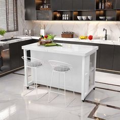 a kitchen with marble floors and white counter tops