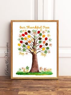 an autumn tree with leaves and the words, our thanksgiving tree