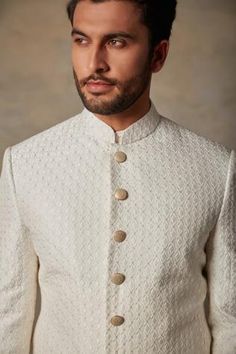 Shop for Gargee Designers White Cotton Silk Geometric Embroidered Sherwani Set for Men Online at Aza Fashions Cream Bandhgala For Transitional Season, Formal Off-white Sherwani, Off White Naqshi Bandhgala, Off White Nehru Jacket With Resham Embroidery, White Embroidered Fitted Sherwani, White Chanderi Long Sleeve Sherwani, Off White Embroidered Long Sleeve Sherwani, Embroidered Off-white Long Sleeve Sherwani, Luxury Unstitched Off-white Sherwani