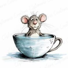 a drawing of a mouse in a teacup with water droplets on it's face