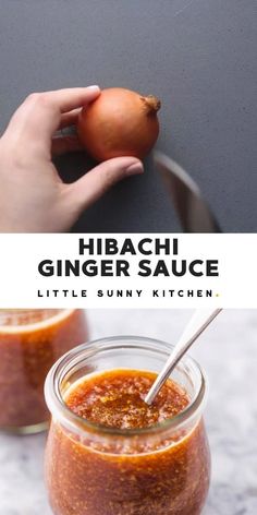 a person holding an onion in a jar with the title hiaachi ginger sauce